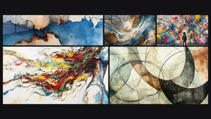 Mozaïek van vijf schilderijen, waaronder Abstract blauw en beige, Maritieme storm en Moderne Muurschildering