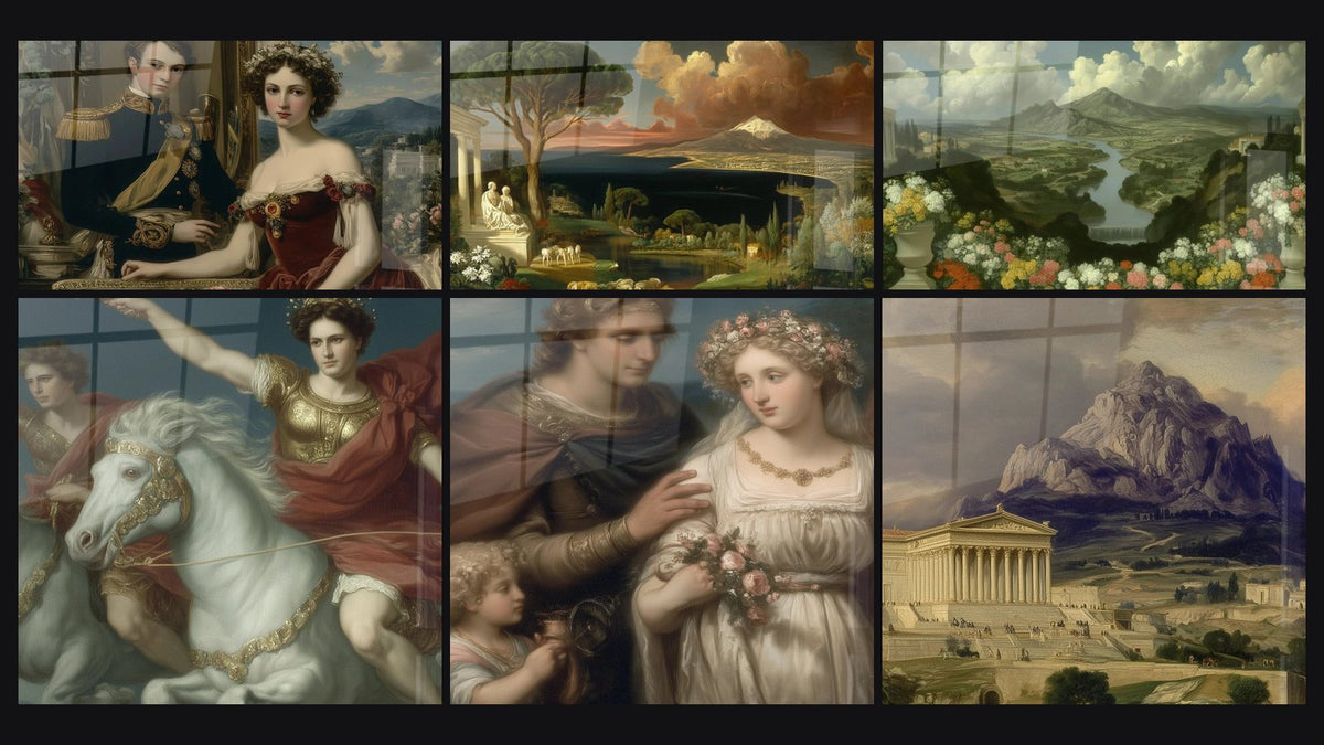 Mosaic of six paintings, including Aristocratic Couple Imperial Grandeur and Naples Bay Landscape