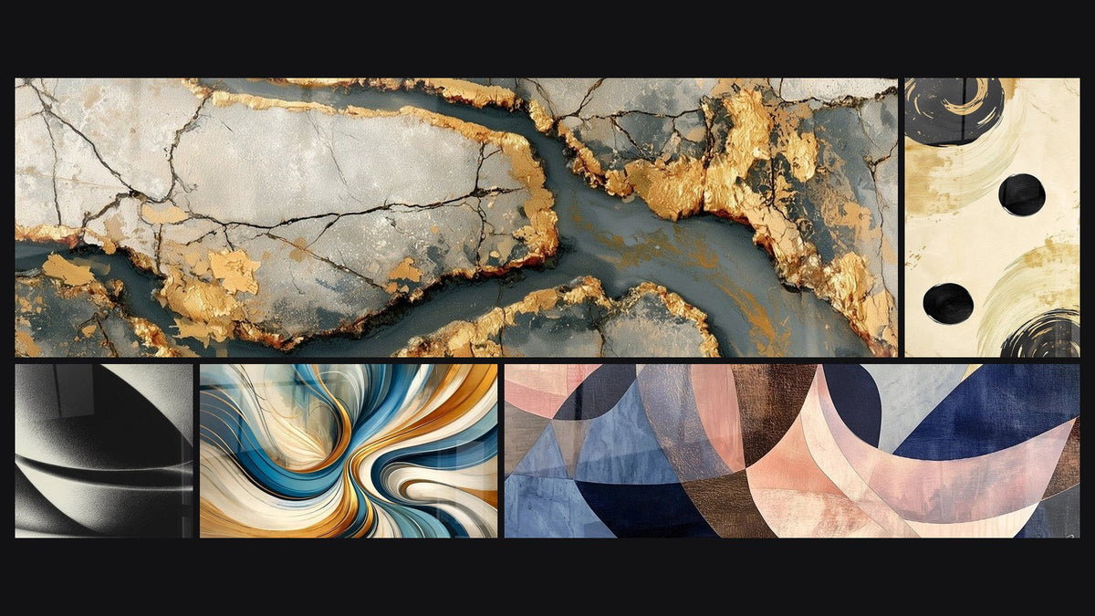 Mozaïek van vijf schilderijen, waaronder Abstracte bol, Evenwicht Zwarte Bol en Elegante Spiralen