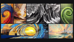 Mosaico de seis cuadros, entre ellos Espiral energético multicolore, Abstracto Remolino Ocre y Borgoña y Ola oceánica espiral