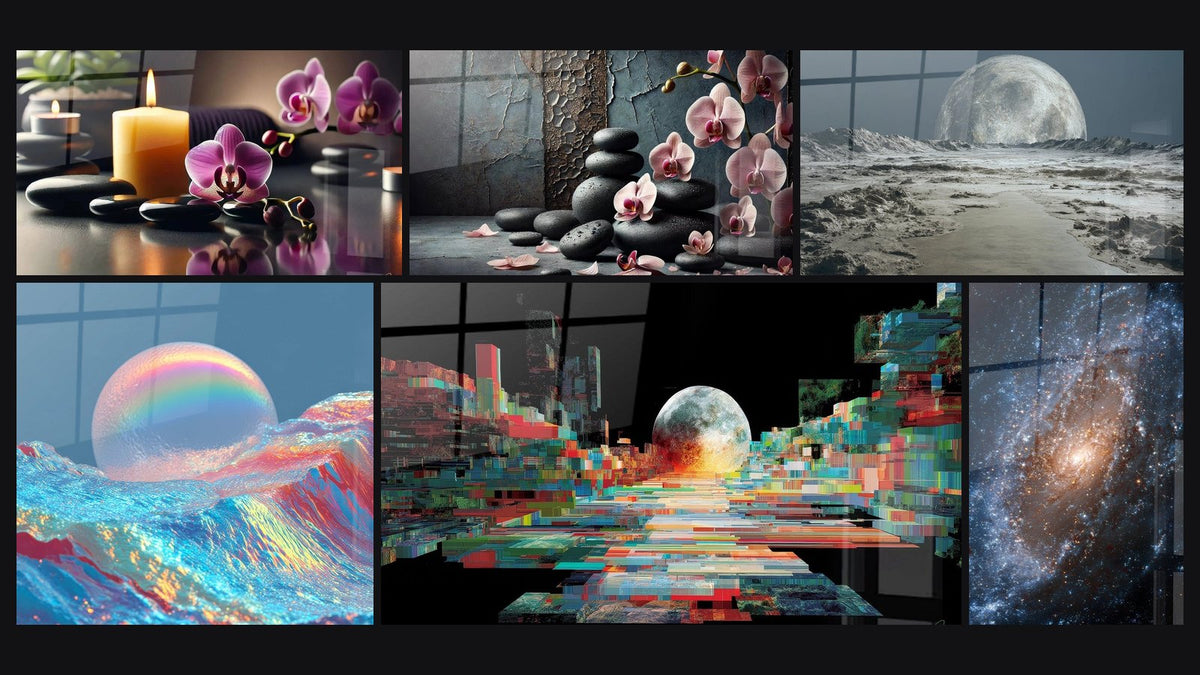 Mozaïek van zes schilderijen, waaronder Kwetsbaar Licht, Stenen en Bloesems en Futuristisch Maanlandschap