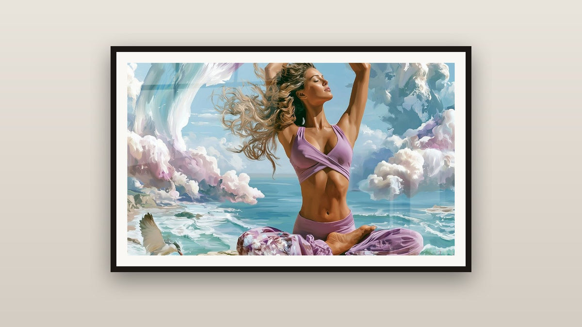 Framed painting on a wall: Woman Meditating in Oceanic Mauve Outfit