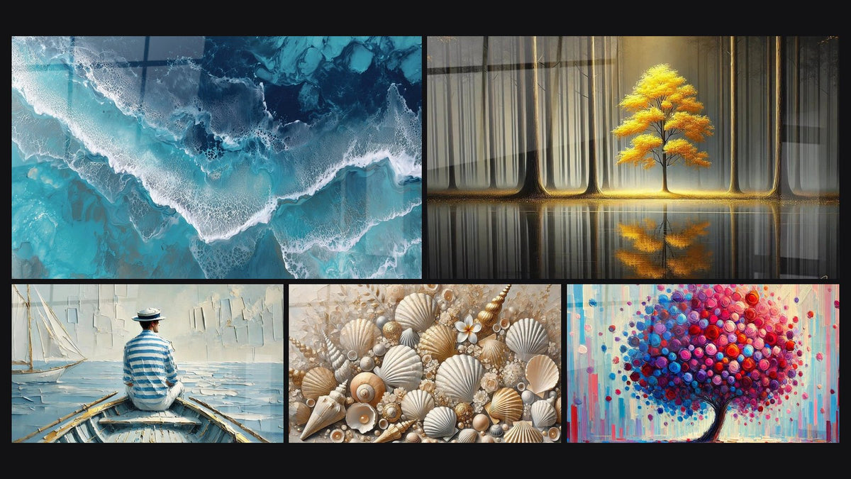 Mosaico de cinco cuadros, entre ellos El Arte del Agua, Joyas de las Arenas y Tranquilidad Eterna