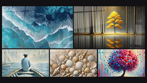 Mosaico de cinco cuadros, entre ellos El Arte del Agua, Joyas de las Arenas y Tranquilidad Eterna