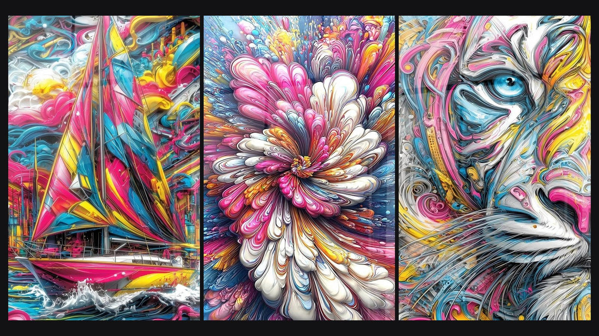 Mosaico di tre quadri: Da vela multicolore, Fiori Astratti e Tavolozza di tigre astratta