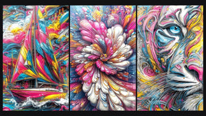 Mosaico de tres cuadros: Velero multicolor, Flor Abstracta y Tigre abstracto