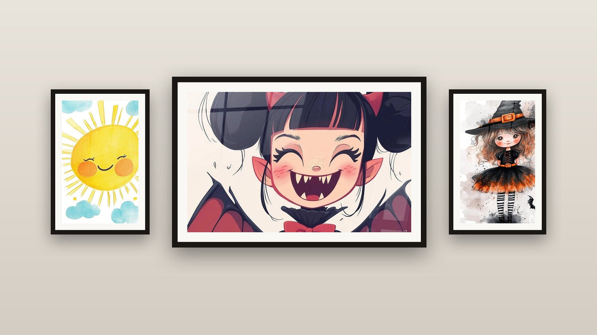 Mur de galerie avec trois tableaux encadrés : Sorcière N°1, Vampire N°1 et Enfants N°21
