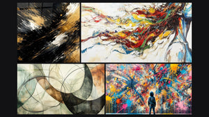 Mosaic of four paintings, including Modern Muse, The Invisible Bonds and Paint Bursts