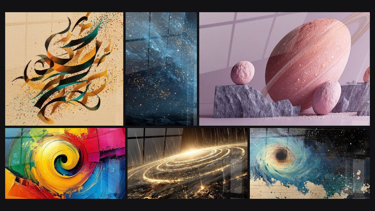 Mosaic of six paintings, including Abstract Calligraphy, Colorful spiral wall art multicolor and Cosmic Ocean Nebula