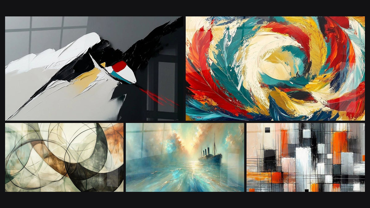 Mosaic of five paintings, including Dynamic Abstract Composition, The Invisible Bonds and Cosmic Metamorphosis