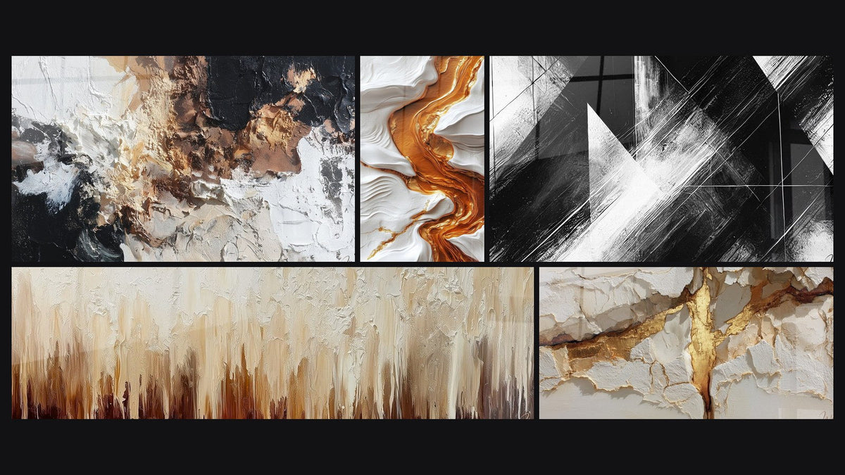 Mosaico de cinco cuadros, entre ellos Abstracto texturizado blanco negro bronce y Puntos de Convergencia