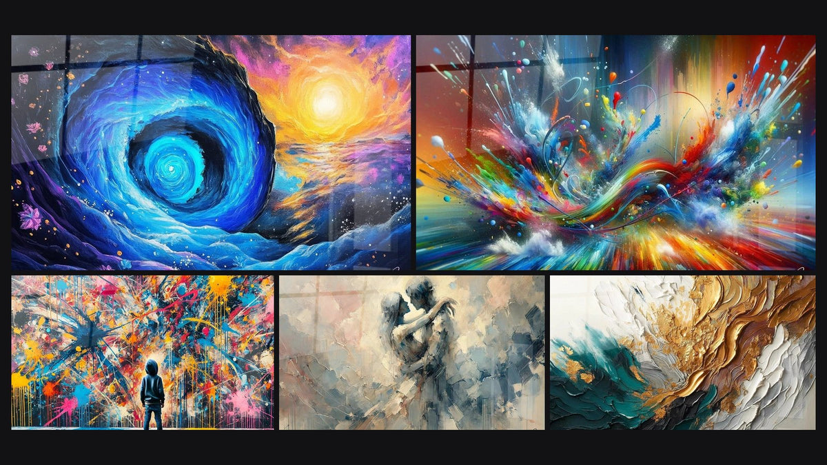 Mosaic of five paintings, including Cosmic Vortex, Paint Bursts and Between Us