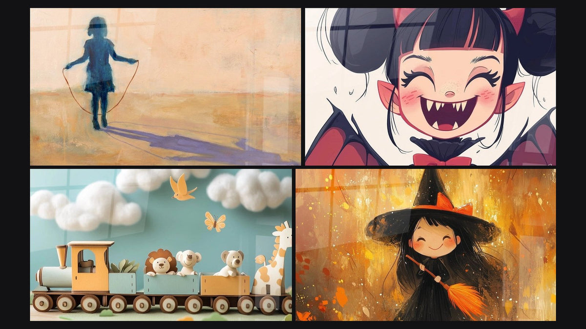 Mosaic of four paintings, including Children's Jumping Rope and Vampire Artwork No. 1