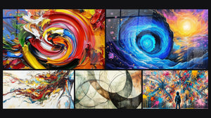 Mosaico de cinco cuadros, entre ellos Espiral multicolor, Vórtice cósmico y Musa Moderna