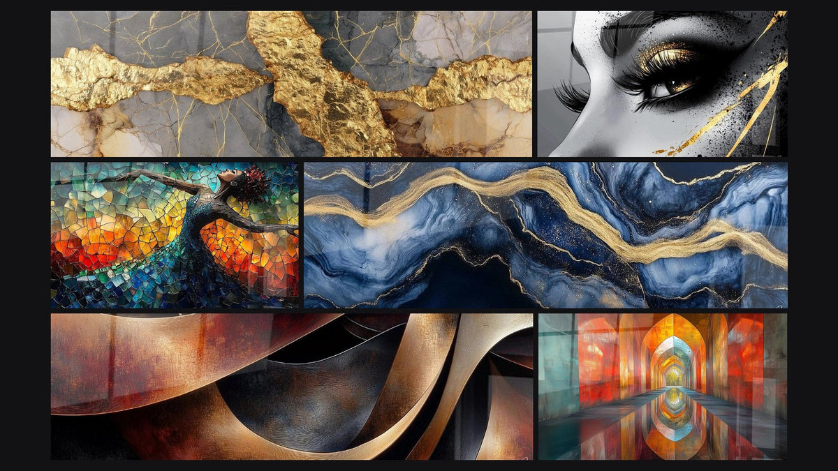 Mosaico di sei quadri, tra cui Occhio lacrima d'oro, Danza Fuoco Liberatrice Rosso e Marmo Liquido Eternità Blu