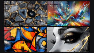 Mosaico de cuatro cuadros, entre ellos Abstracto Big Bang Explosivo, Formas geométricas coloridas y Ojo Lágrima de Oro