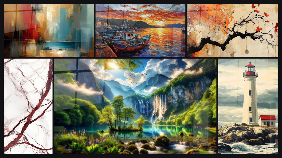 Mosaïque de six tableaux, dont Fragmentations Urbaines, Éden Vert aux Mille Cascades et Port N°3