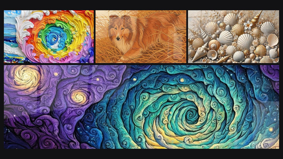 Mosaico di quattro quadri, tra cui A forma di spirale colorata, A spirale cosmica colorata e Gioielli della Sabbia