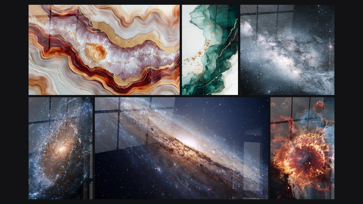 Mosaico di sei quadri, tra cui Galassia Spirale, Via Lattea e Galassia di Andromeda