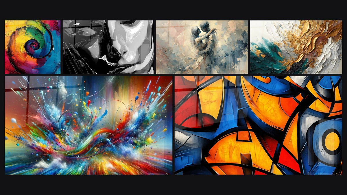 Mosaic of six paintings, including Multicolor Spiral, Female Face Mirror and Between Us