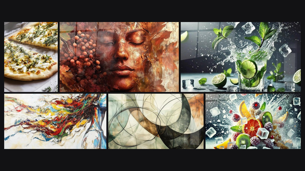 Mosaic of six paintings, including Modern Muse, The Invisible Bonds and Dynamic Freshness