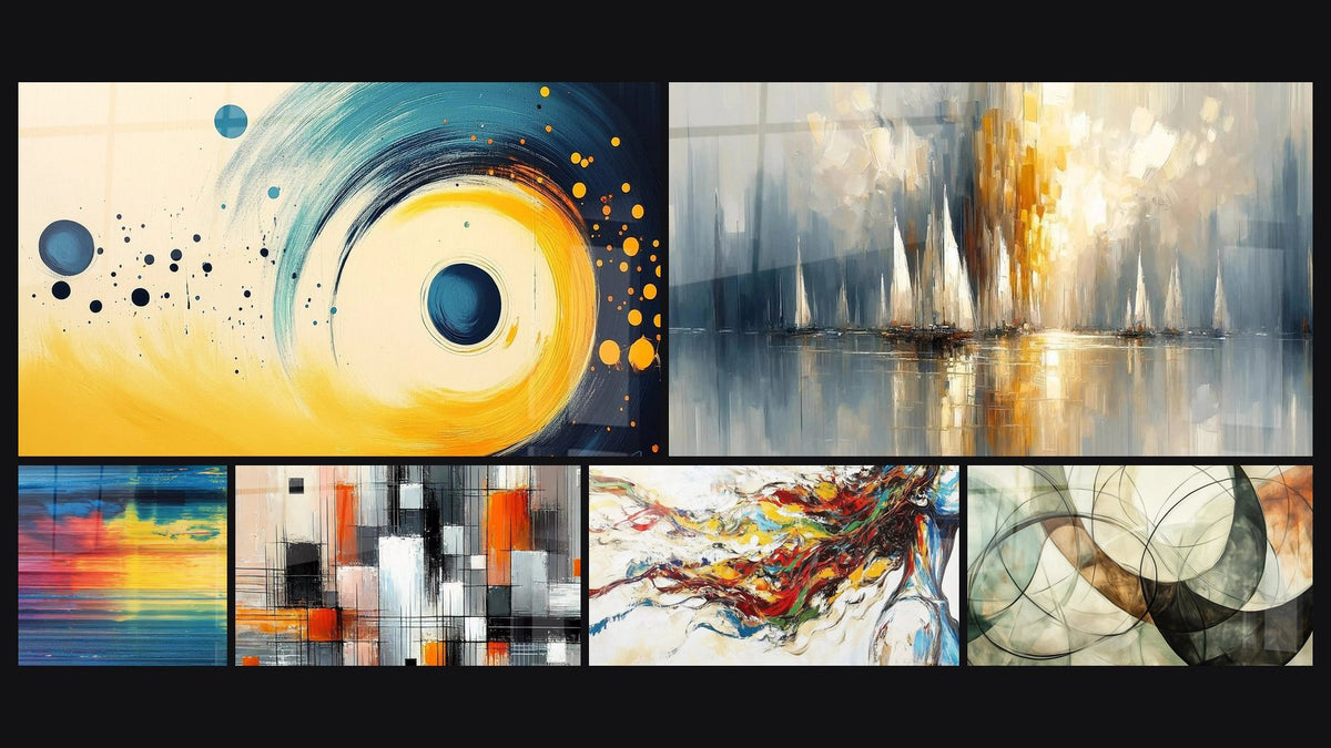 Mosaico de seis cuadros, entre ellos Espiral cósmico dorado, Abstracto colorido y Mecánica de Colores