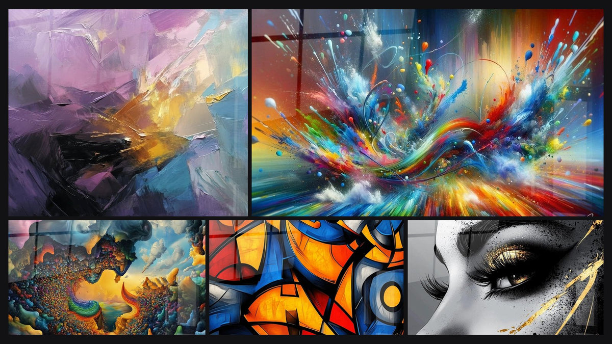 Mosaic of five paintings, including Abstract colorful explosion, Cosmic Landscape and Big Bang Artistic Dazzling