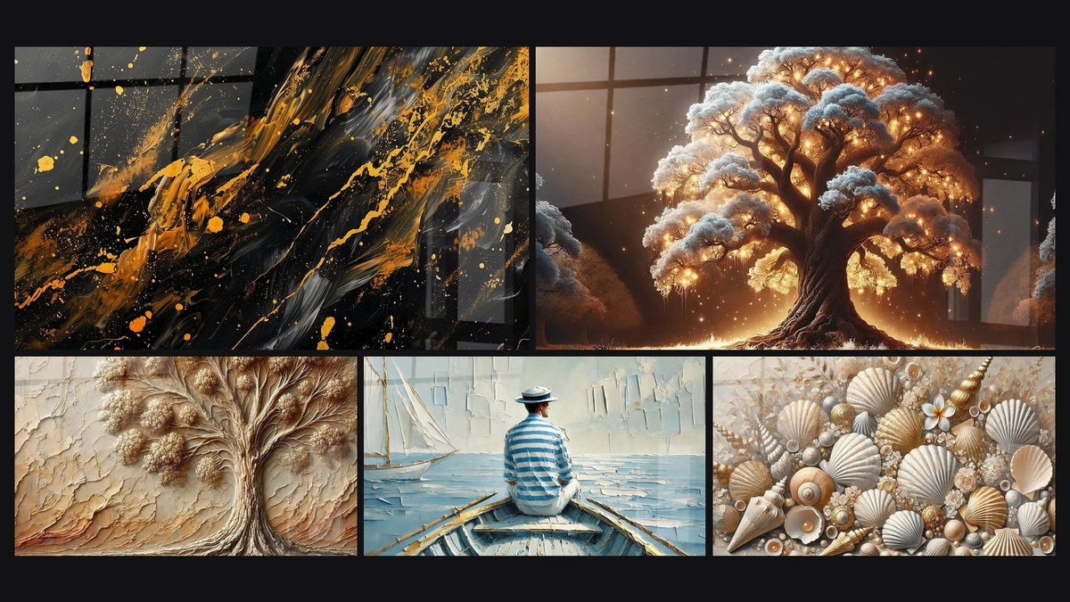 Mosaic of five paintings, including Night Tree, Ancient Tree and The Art of Water