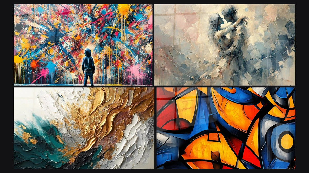 Mosaico de cuatro cuadros, entre ellos Explosiones, Entre Nosotros y Trazos en Oro y Jade