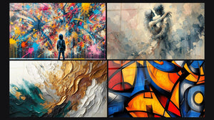 Mosaico de cuatro cuadros, entre ellos Explosiones, Entre Nosotros y Trazos en Oro y Jade