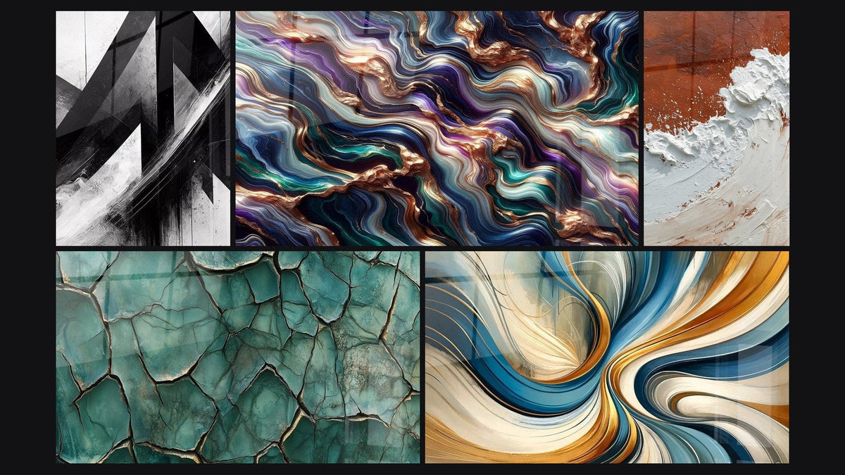 Mosaico de cinco cuadros, entre ellos Trayectorias Fracturadas, Tierra Fracturada y Serenata Mineral