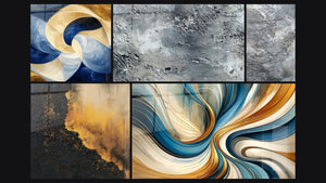 Mozaïek van vijf schilderijen, waaronder Goddelijke Adem Wit, Abstract zilverkleurig grijs textuur en Elegante Spiralen