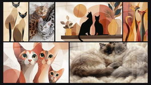 Mosaico de seis cuadros, entre ellos Gatos Siamés Geométricos, Familia de Gatos Singapura Geométrico y Dúo de Gatos Bengalés