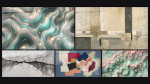 Mosaico de cinco cuadros, entre ellos Ondas Centelleantes y Formas geométricas poesía cuadrada