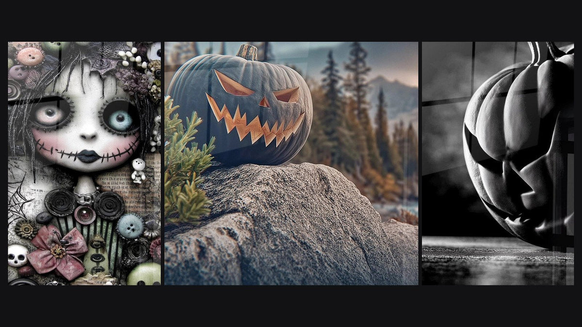 Mosaic of three paintings, including Haunted Memories Doll and Pumpkin Guardian of Haunted Rocks