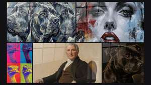 Mosaic of five paintings, including Four-Colour Pop Art Ostrich Portraits