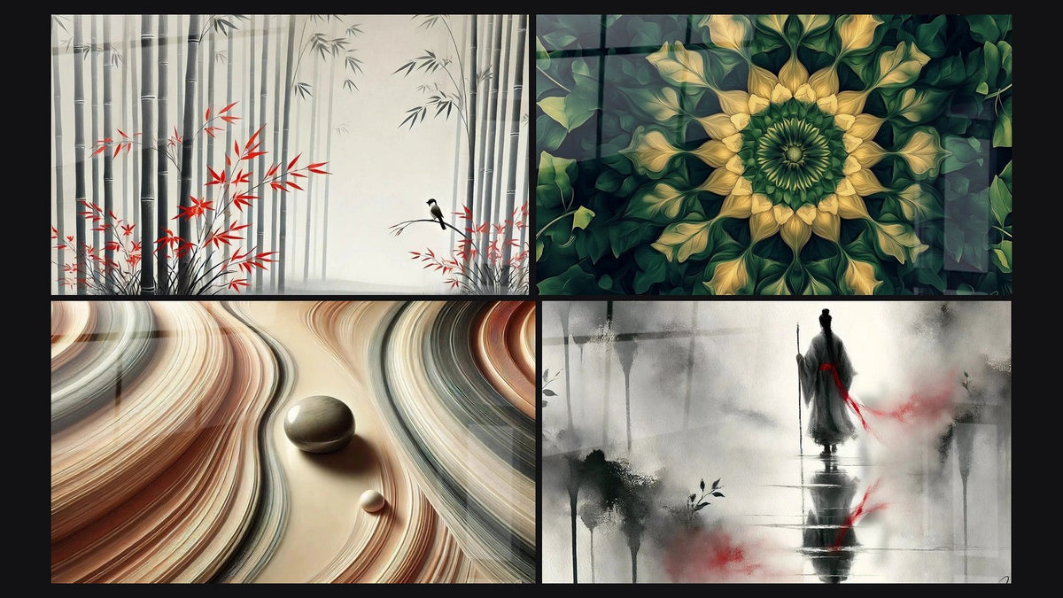 Mosaic of four paintings, including Light Through Bamboo, Lines and Perspectives and The Path of Awakening