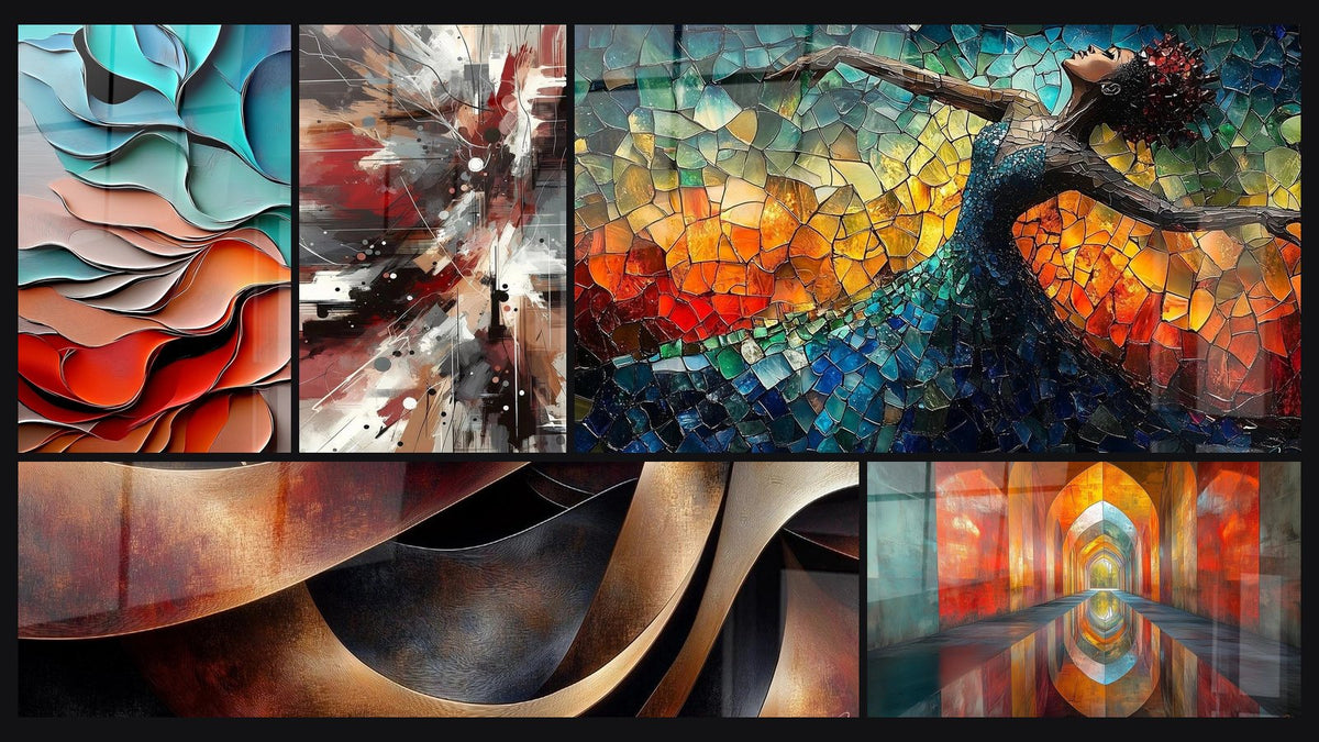 Mosaico di cinque quadri, tra cui Forme ondulate fluide di, Rumore Dinamico Esplosivo e Danza Fuoco Liberatrice Rosso