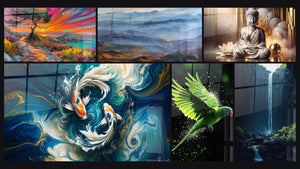 Mosaic of six paintings, including Sunset seascape, Misty mountains and Marbled Peace