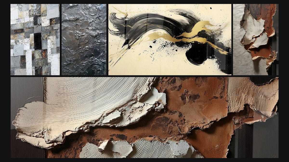 Mosaik aus fünf Gemälden, darunter Abstraktes Mosaik-Bild Grau und Weiß und Leidenschaftlicher Schwung Schwarz