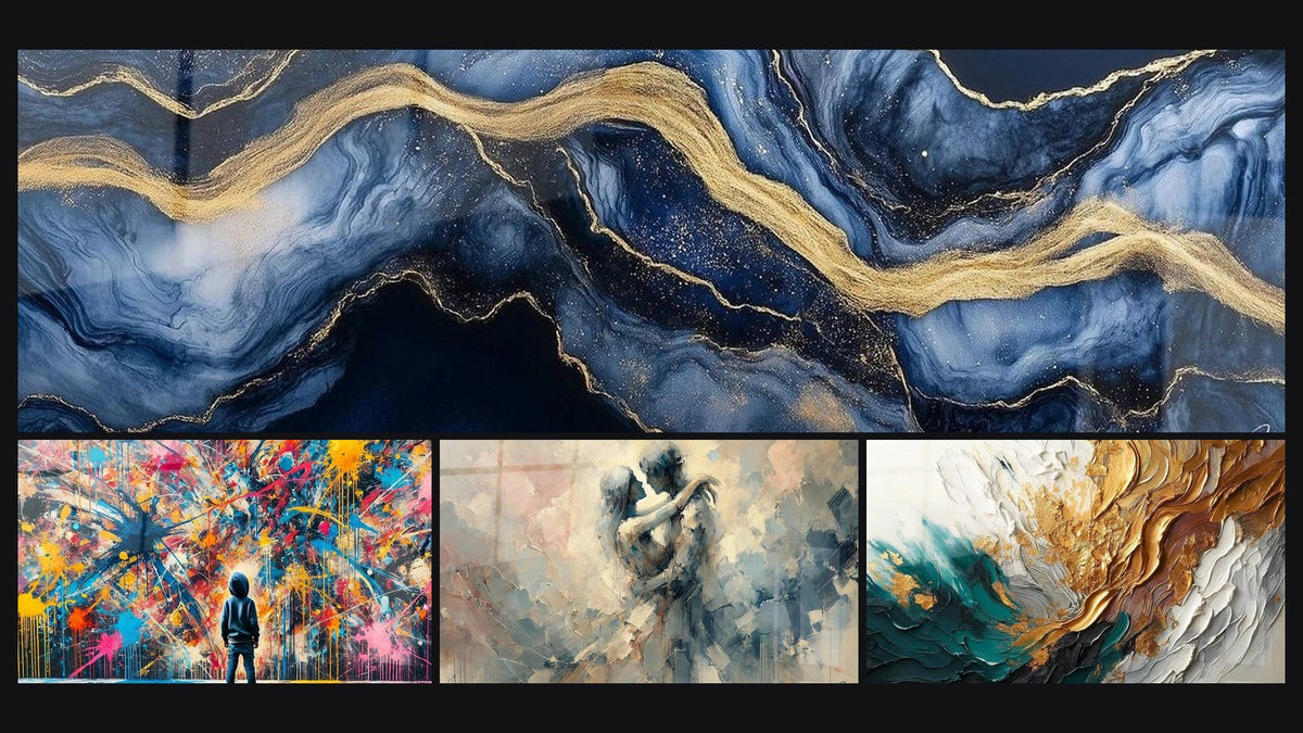 Mosaico de cuatro cuadros, entre ellos Mármol Líquido Eternidad Azul, Explosiones y Entre Nosotros