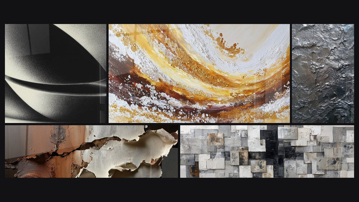 Mosaico de cinco cuadros, entre ellos Esfera abstracta