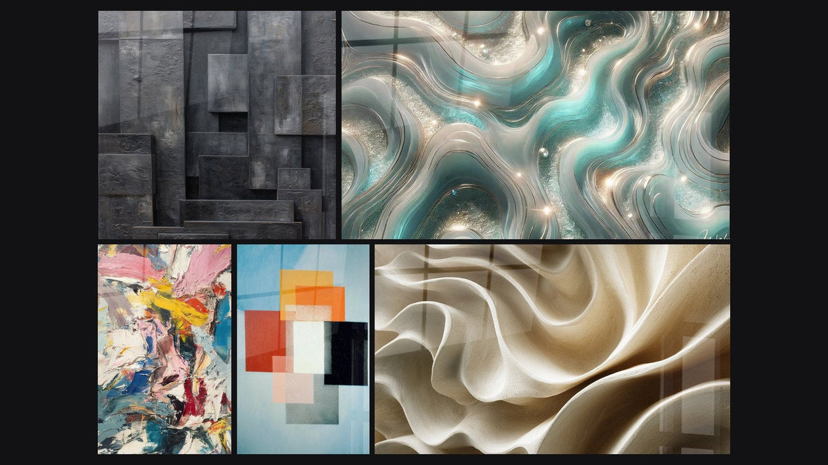 Mosaic of five paintings, including Color Explosion, Geometric Shapes Functional Contrast and Shimmering Waves