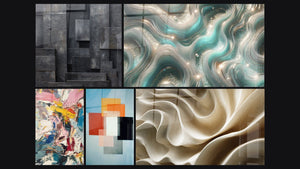Mosaico de cinco cuadros, entre ellos Explosión de colores, Formas Geométricas Contraste Funcional y Ondas Centelleantes