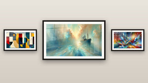 Mur de galerie avec trois tableaux encadrés, dont Au Cœur de la Brise et Big Bang Artistique Éclatant