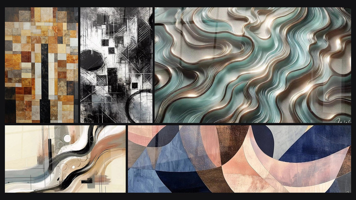 Mosaik aus fünf Gemälden, darunter Fragmente der Absolutheit, Ätherische Kurven und Sillage Abstrakt