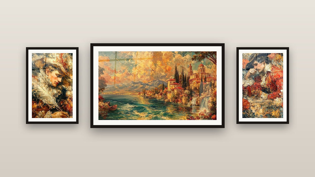 Galeriewand mit drei gerahmten Gemälden, darunter Mittelmeerlandschaft Zypressen Ewig und Männliches Porträt Muse der Künste