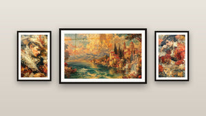 Mur de galerie avec trois tableaux encadrés, dont Paysage Méditerranéen Cyprès Éternels et Portrait masculin Muse des Arts