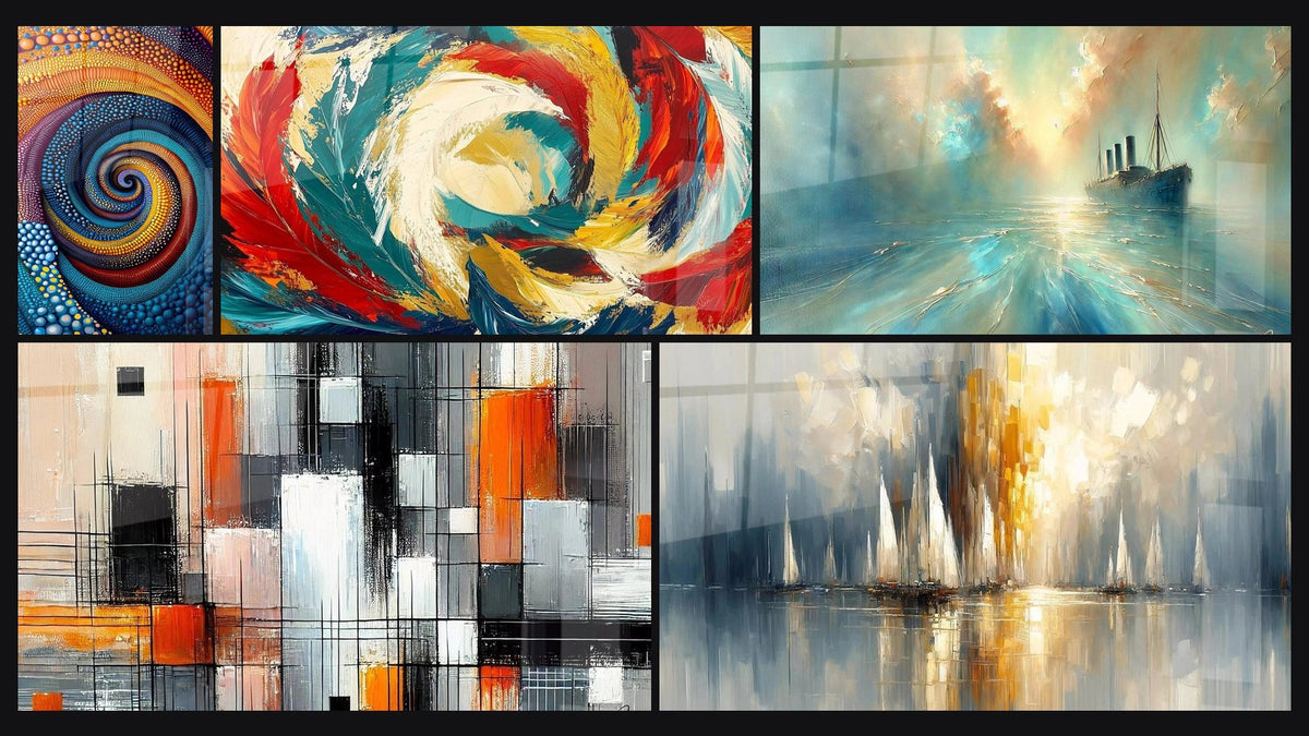 Mosaic of five paintings, including Multicolor Colored Spiral, Cosmic Metamorphosis and Heart of the Breeze