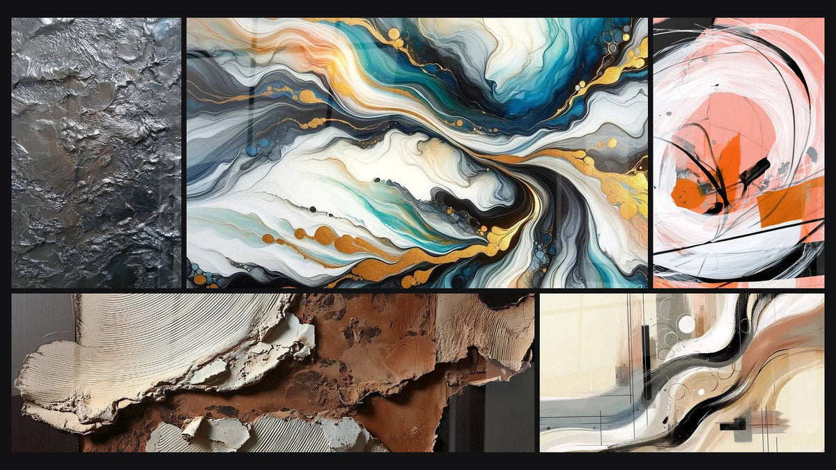 Mosaico di cinque quadri, tra cui Texture astratte terra e bianco sporco e Correnti Colorate